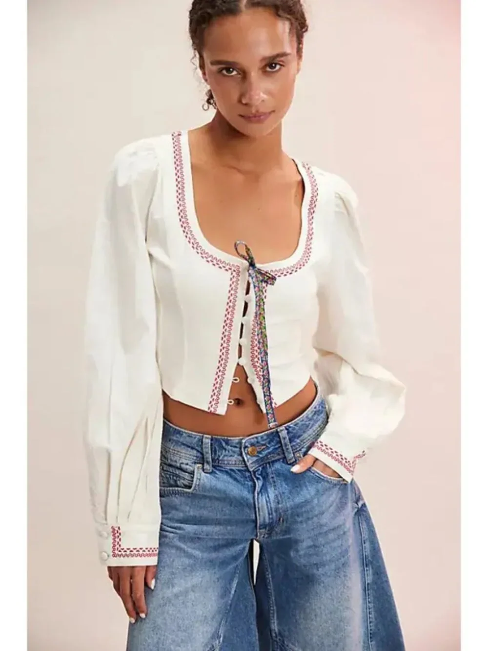 NWT Free People Mada Top Cream Peasant Boho Cropped Scoop Neck Blouse Size L